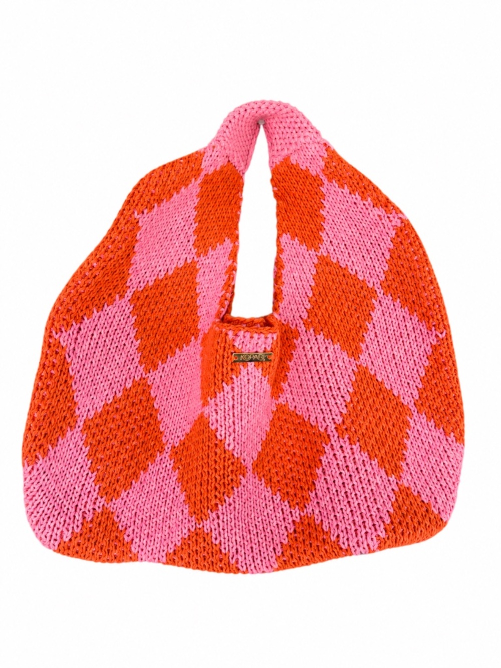 Kopari Knit Checkered Tote Bag Argyle Pink & Orange